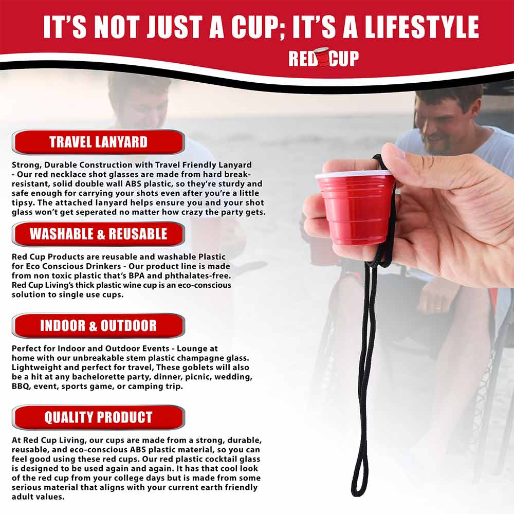 Reusable Red Plastic Shot Cup with lanyard | unbreakable, BPA Free | Perfect for Parties, BBQs & Outings
