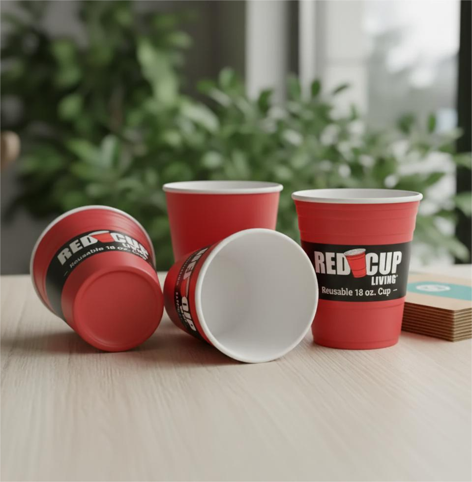 Reusable Red Cup Living 18 oz cups displayed on a wooden table with a blurred green plant in the background, highlighting eco-friendly and stylish drinkware for parties or daily use.