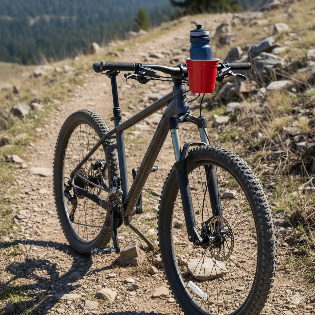 Mountain bike on a rugged dirt trail equipped with a red cup-style water bottle holder, showcasing outdoor adventure and cycling gear from Red Cup Living.