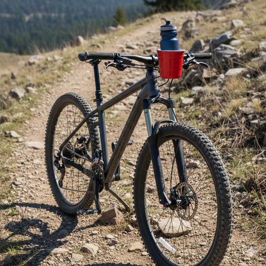 Mountain bike on a rugged dirt trail equipped with a red cup-style water bottle holder, showcasing outdoor adventure and cycling gear from Red Cup Living.