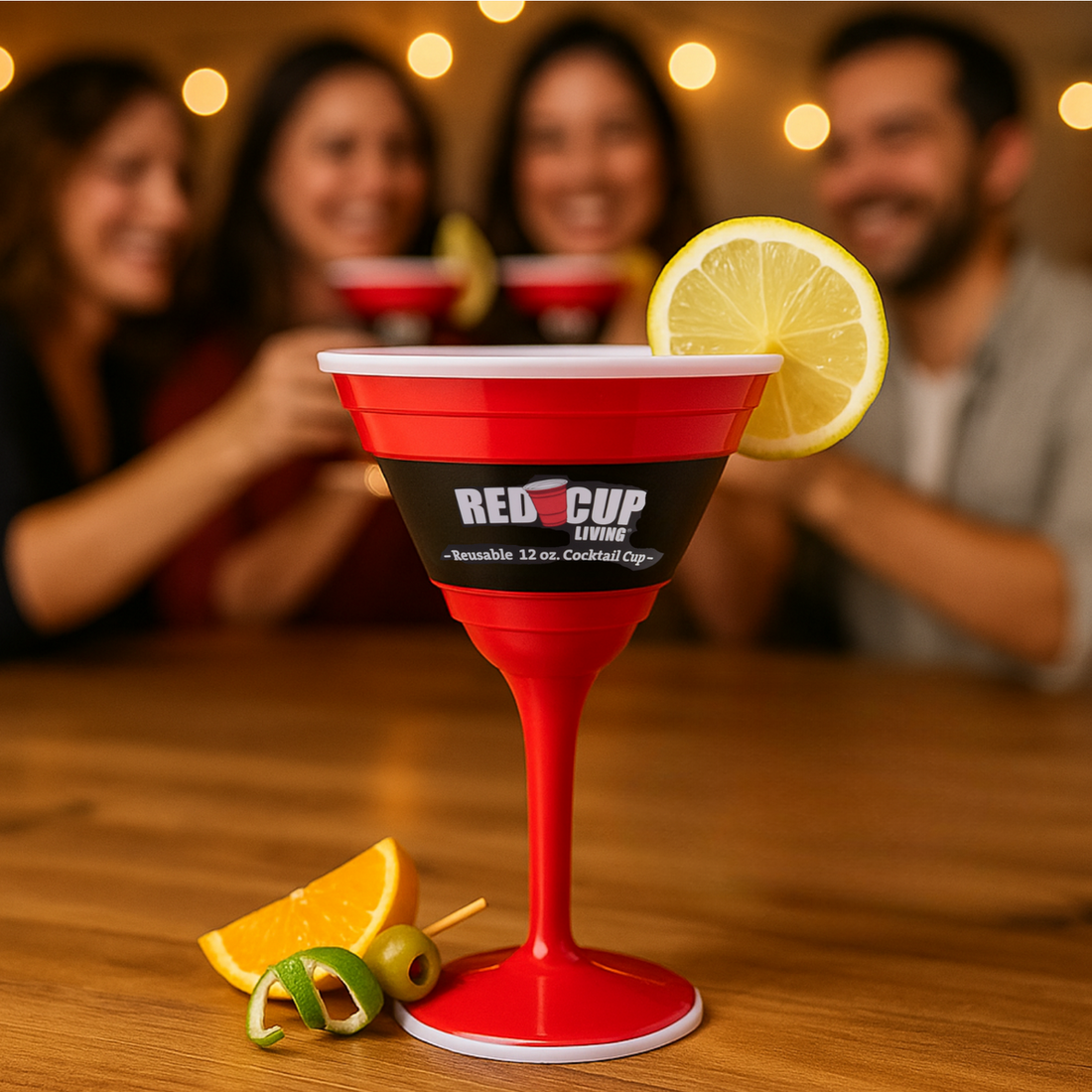 The image of the red cocktail cup with a lemon slice, featuring people blurred in the background.