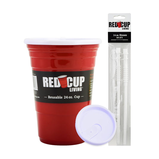 24oz Reusable Red Party Cups & Lids w/ Straws