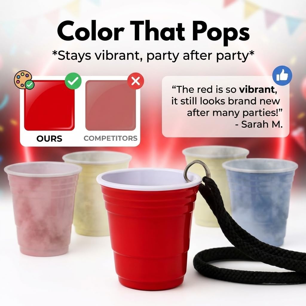 Reusable Red Plastic Shot Cup With Lanyard | Unbreakable, BPA Free | Perfect for Parties, BBQs & Outings