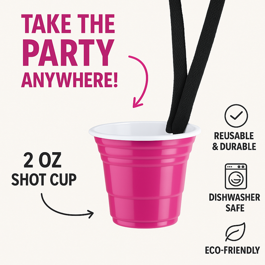 2oz Reusable Pink Plastic Shot Cup With Lanyard | unbreakable, BPA Free | Perfect for Parties, BBQs & Outings