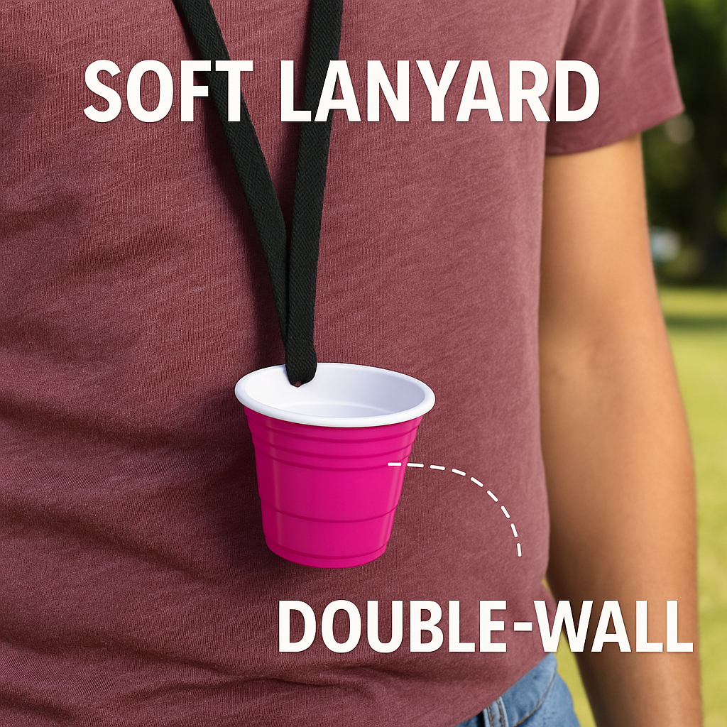 2oz Reusable Pink Plastic Shot Cup With Lanyard | unbreakable, BPA Free | Perfect for Parties, BBQs & Outings