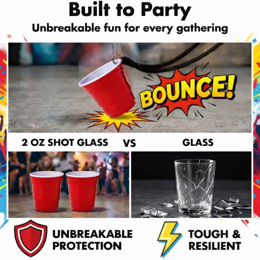 Reusable Red Plastic Shot Cup With Lanyard | Unbreakable, BPA Free | Perfect for Parties, BBQs & Outings