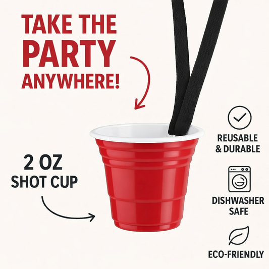 Reusable Red Plastic Shot Cup With Lanyard | Unbreakable, BPA Free | Perfect for Parties, BBQs & Outings