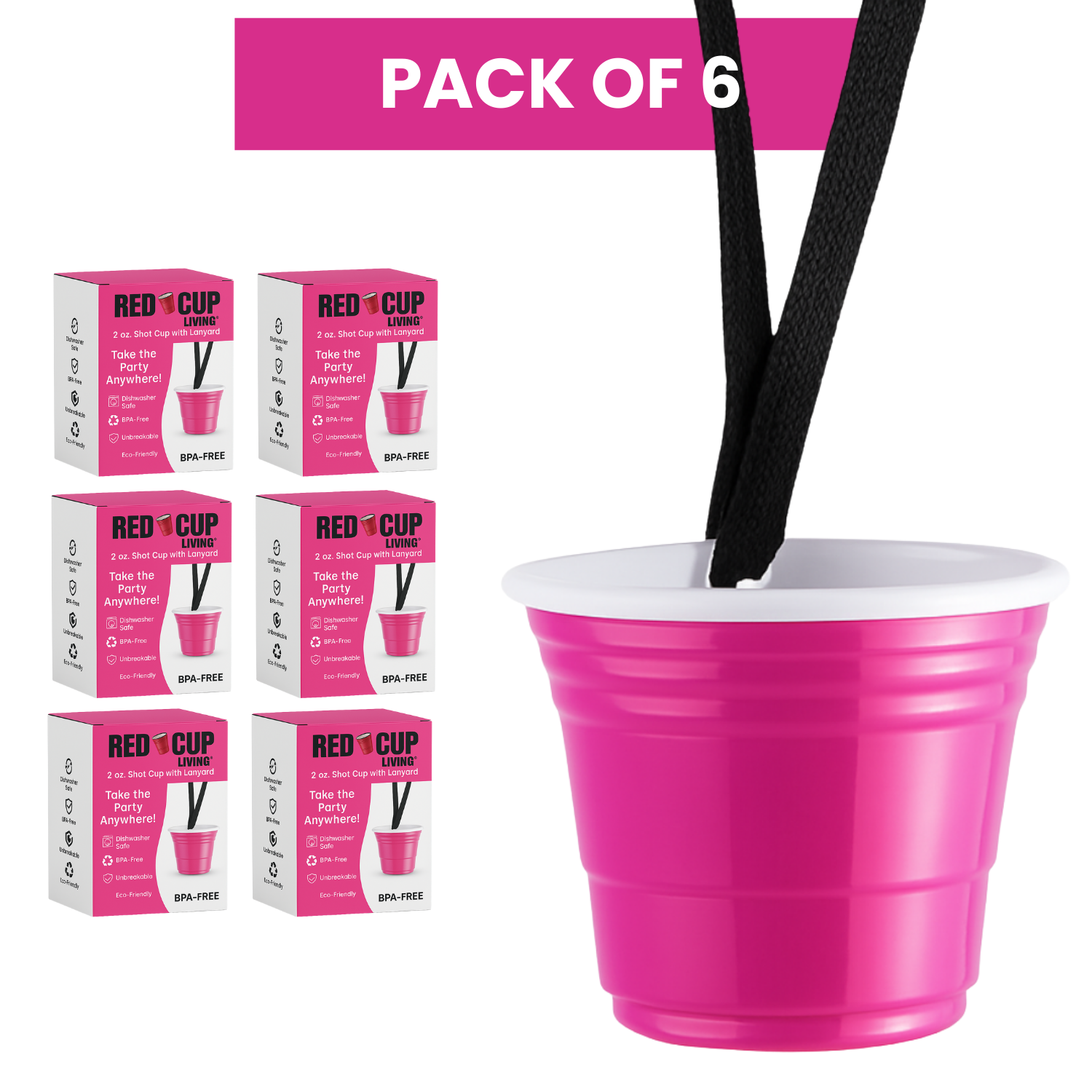2oz Reusable Pink Plastic Shot Cup With Lanyard | unbreakable, BPA Free | Perfect for Parties, BBQs & Outings