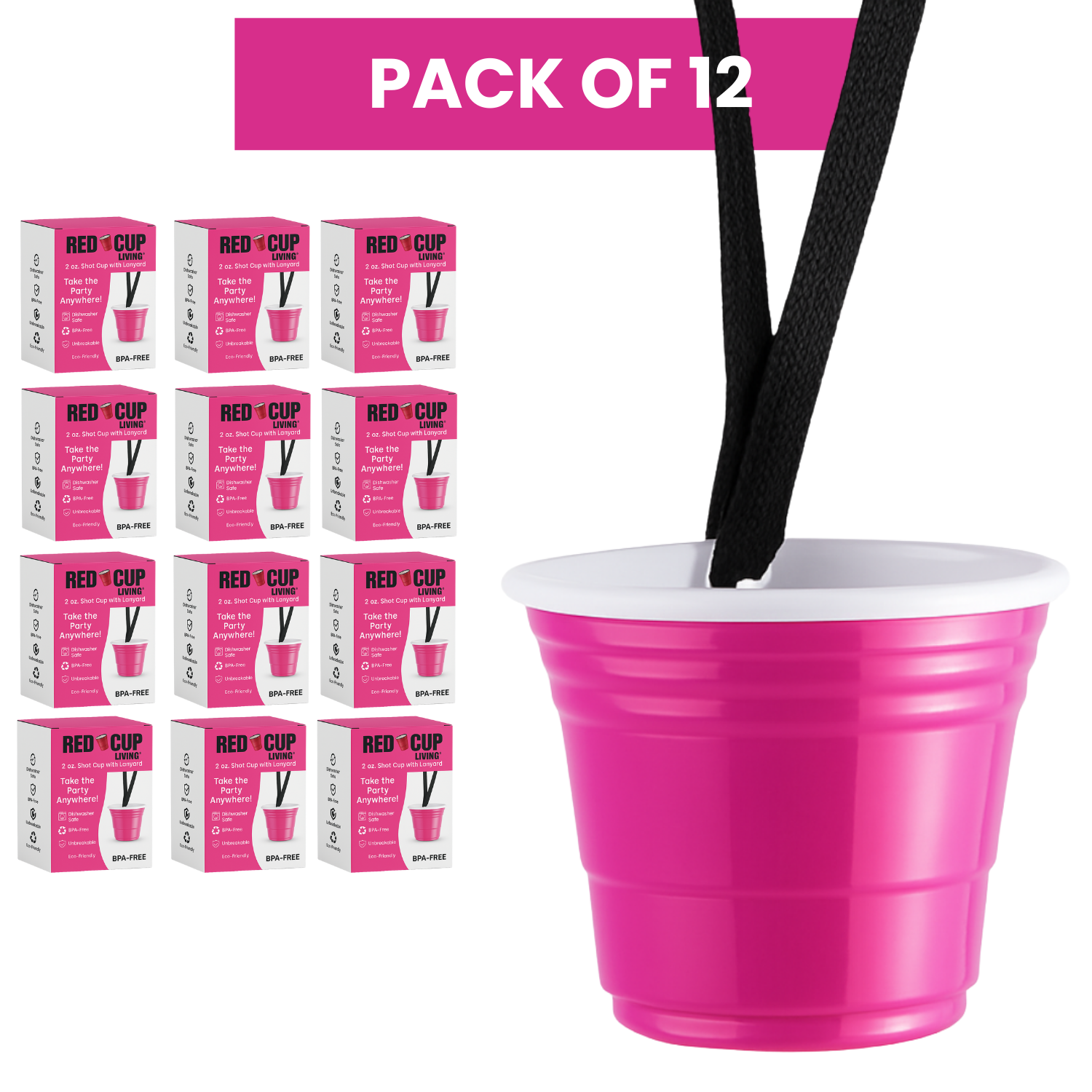 2oz Reusable Pink Plastic Shot Cup With Lanyard | unbreakable, BPA Free | Perfect for Parties, BBQs & Outings