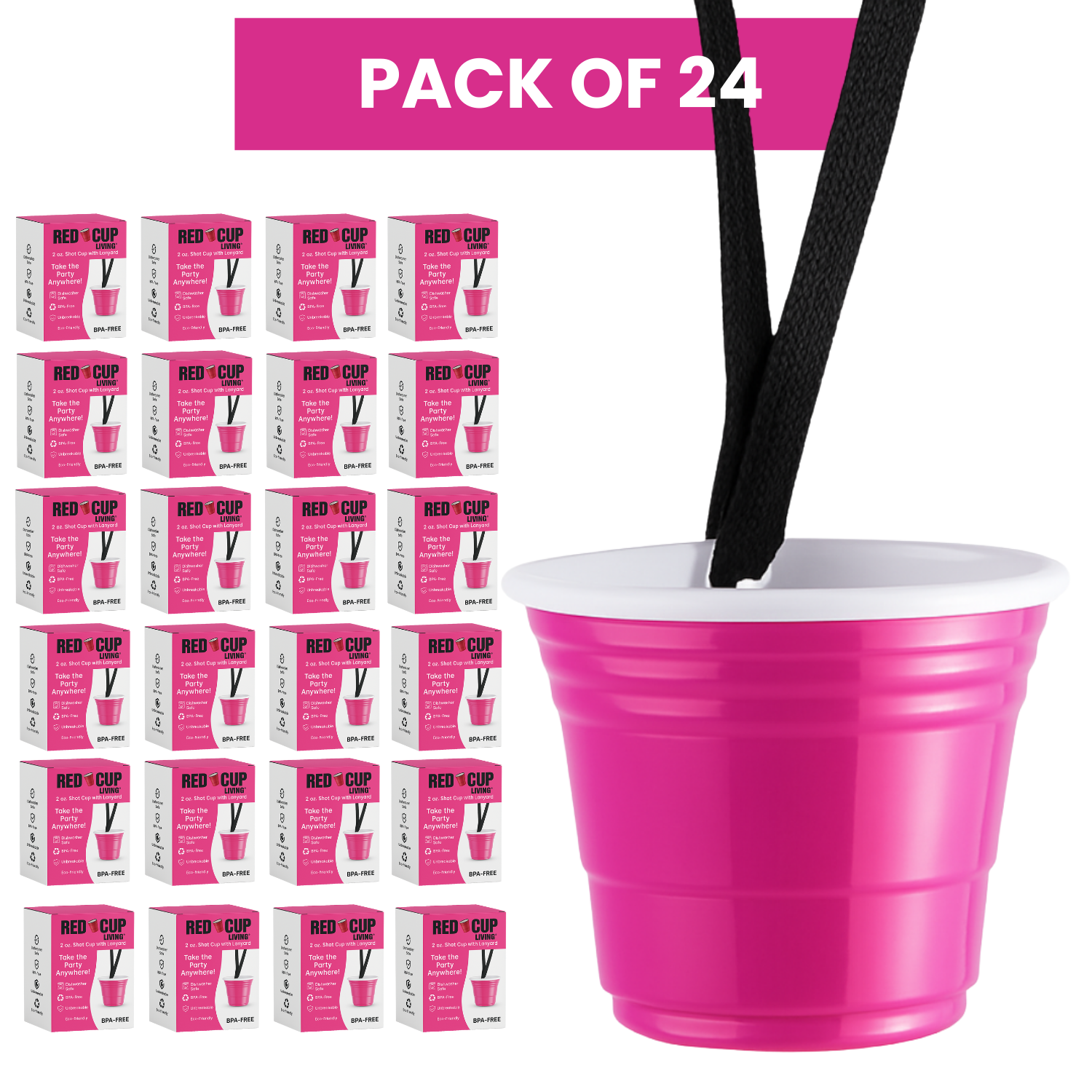 2oz Reusable Pink Plastic Shot Cup With Lanyard | unbreakable, BPA Free | Perfect for Parties, BBQs & Outings