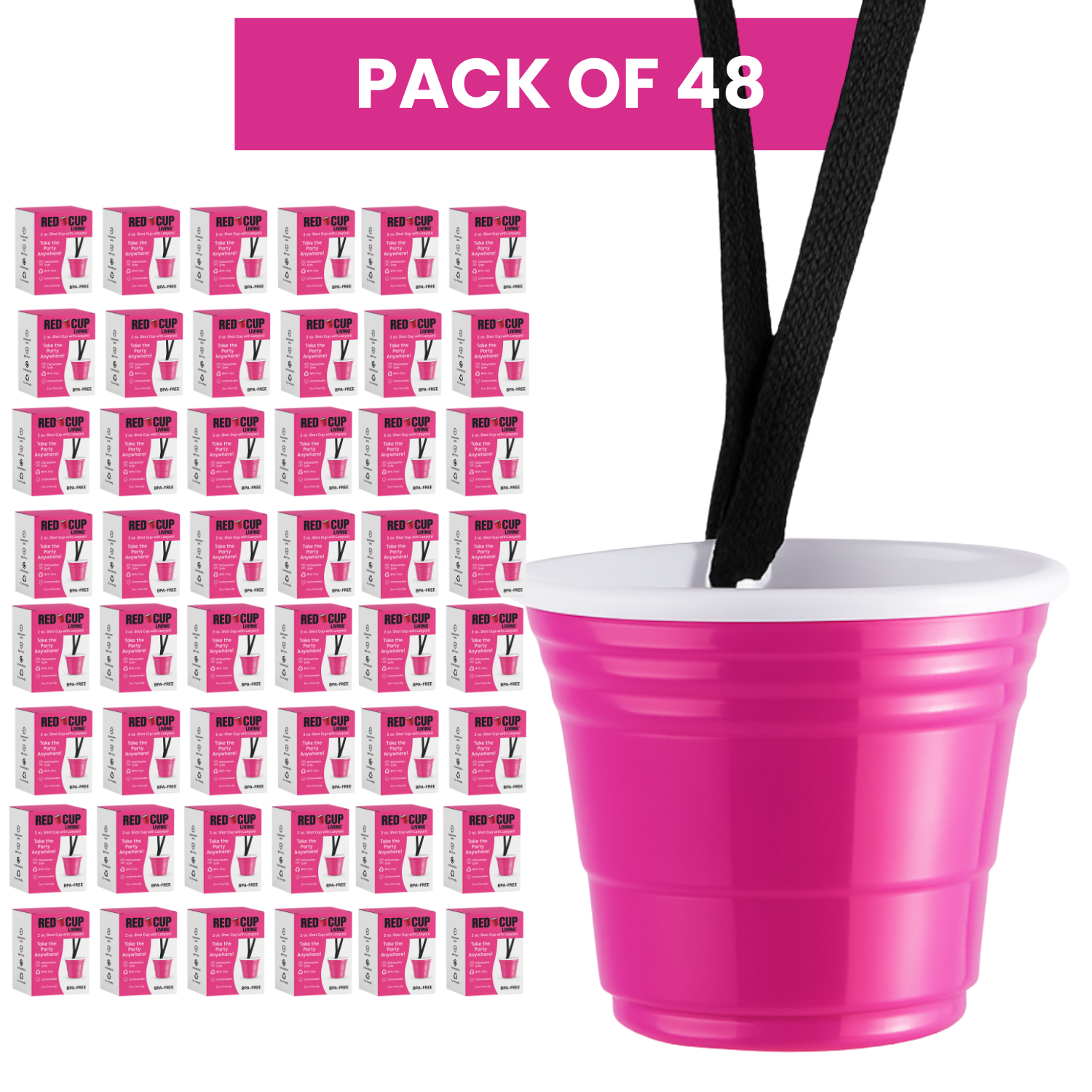 2oz Reusable Pink Plastic Shot Cup With Lanyard | unbreakable, BPA Free | Perfect for Parties, BBQs & Outings