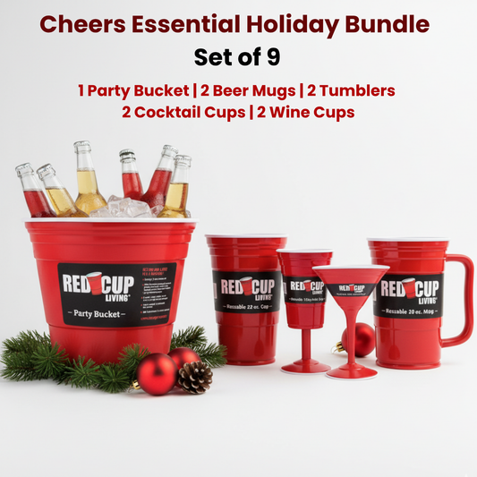 Cheers Essential Holiday Bundle | 2 Beer Mug, 2 Wine Cup, 32 Oz, 2Cocktail Cup, & 1 Party Bucket