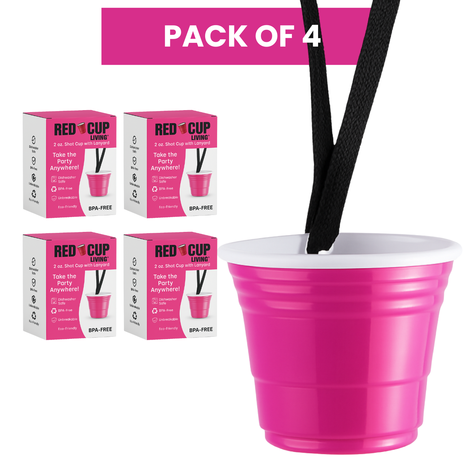 2oz Reusable Pink Plastic Shot Cup With Lanyard | unbreakable, BPA Free | Perfect for Parties, BBQs & Outings