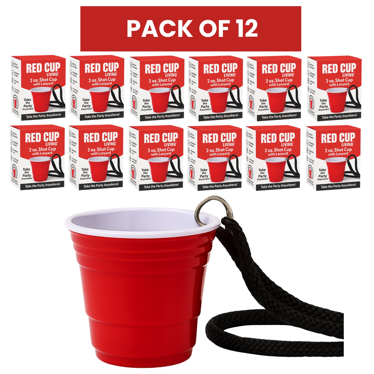 Reusable Red Plastic Shot Cup With Lanyard | Unbreakable, BPA Free | Perfect for Parties, BBQs & Outings