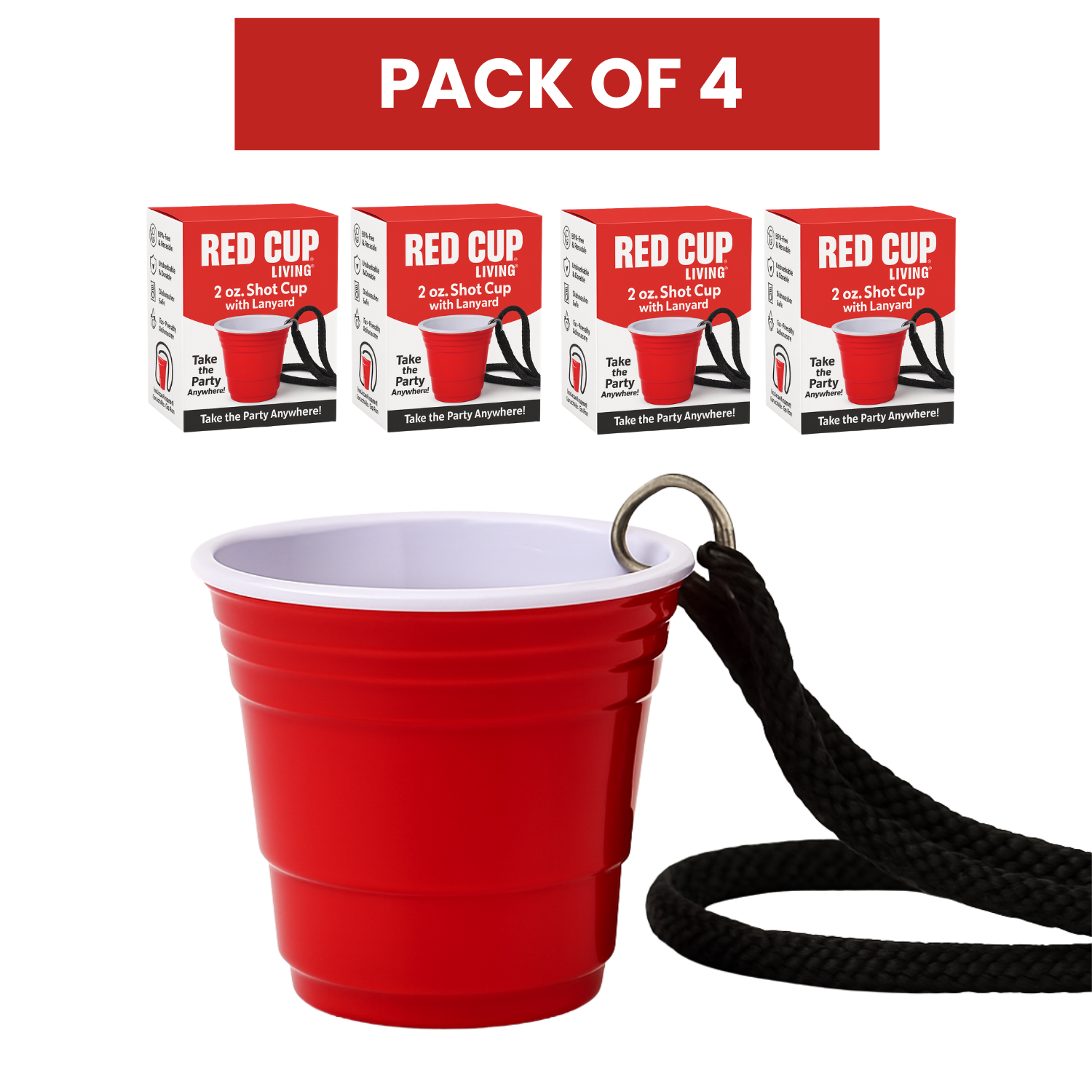Reusable Red Plastic Shot Cup With Lanyard | Unbreakable, BPA Free | Perfect for Parties, BBQs & Outings