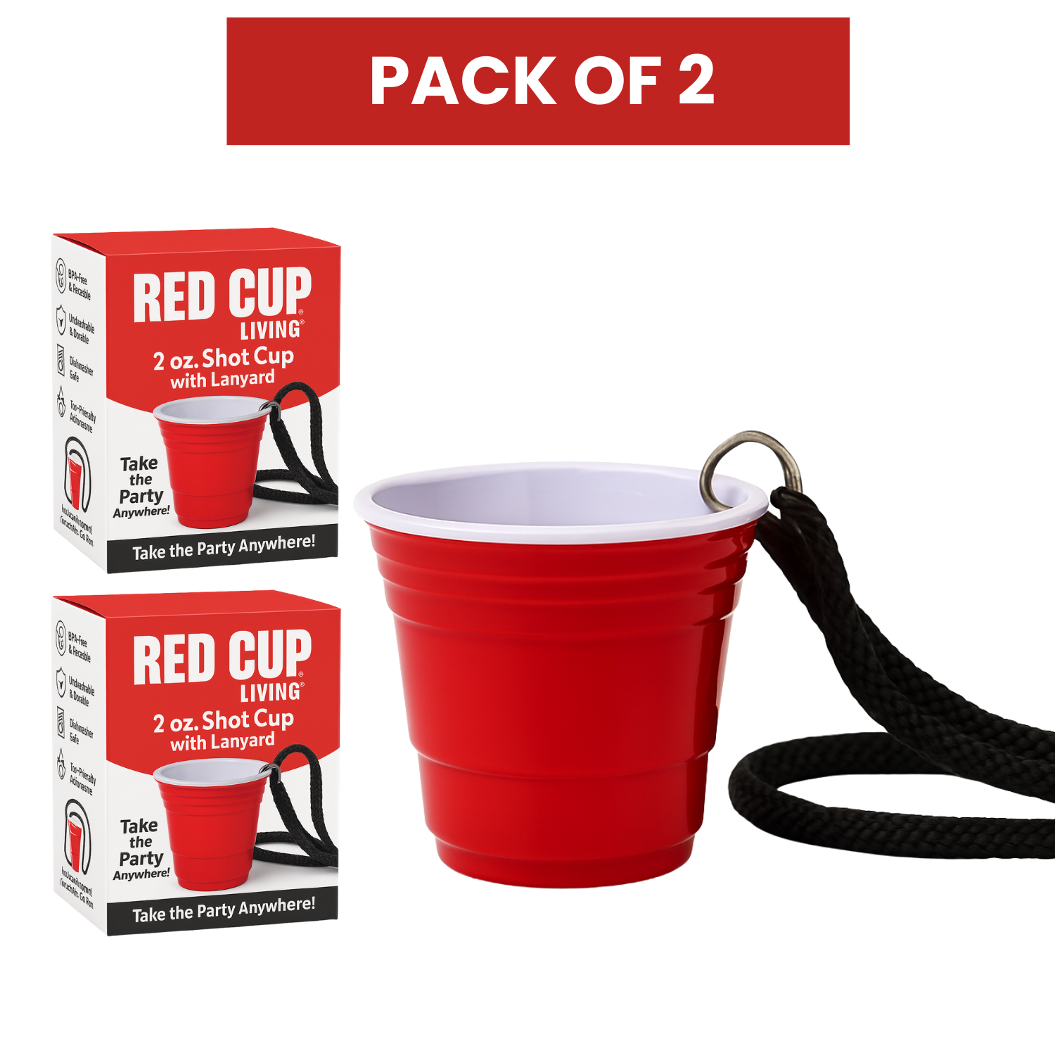 Reusable Red Plastic Shot Cup With Lanyard | Unbreakable, BPA Free | Perfect for Parties, BBQs & Outings