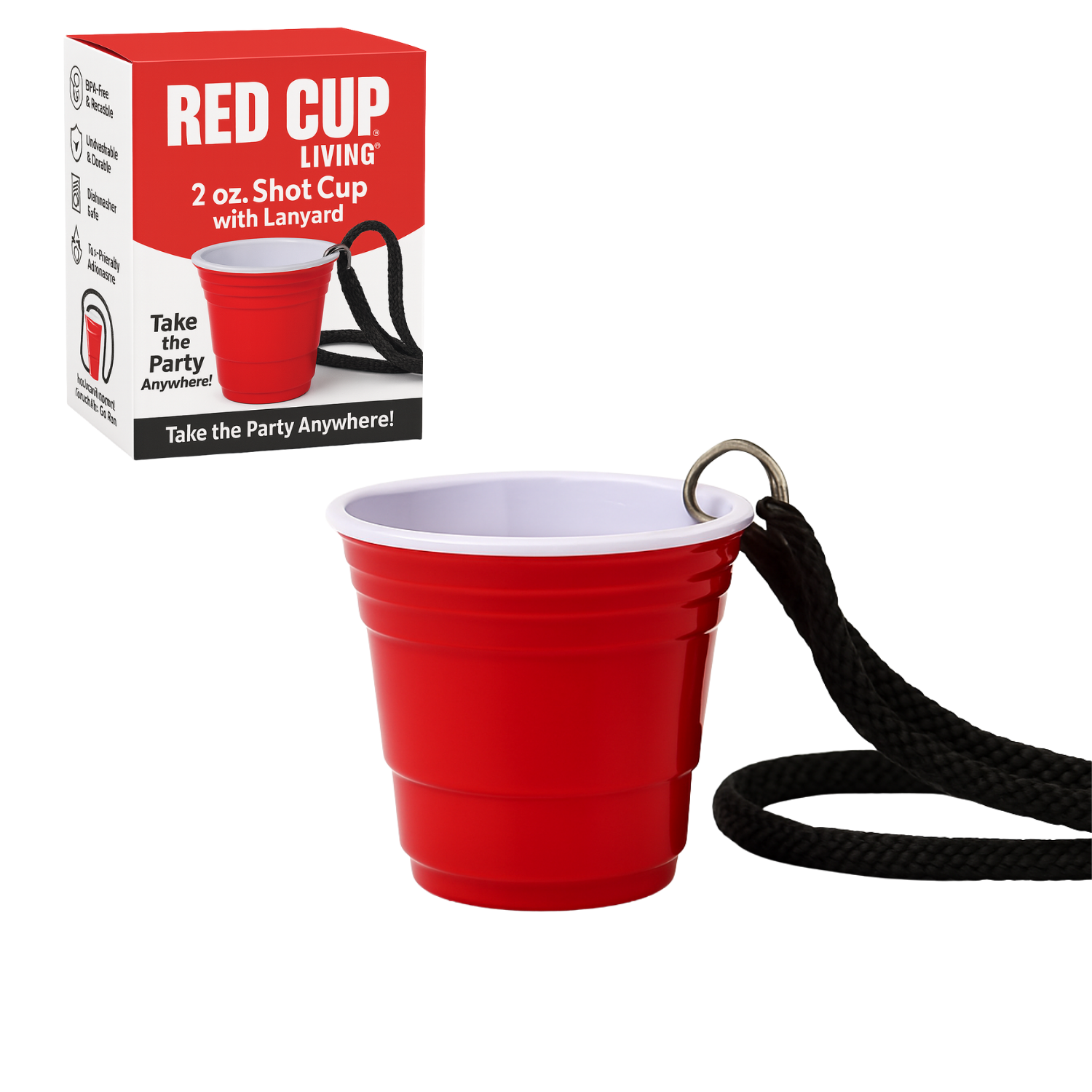 Reusable Red Plastic Shot Cup With Lanyard | Unbreakable, BPA Free | Perfect for Parties, BBQs & Outings