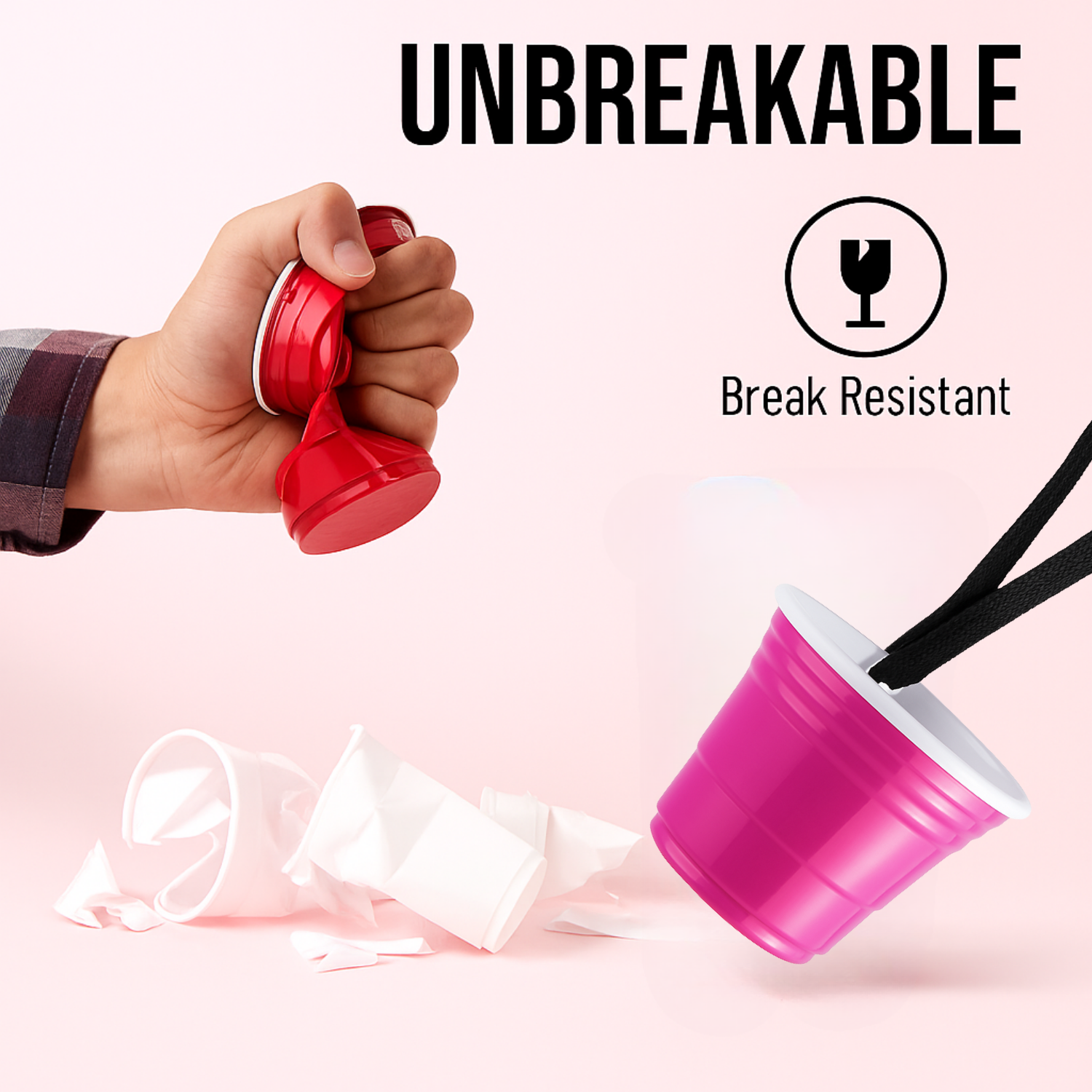2oz Reusable Pink Plastic Shot Cup With Lanyard | unbreakable, BPA Free | Perfect for Parties, BBQs & Outings