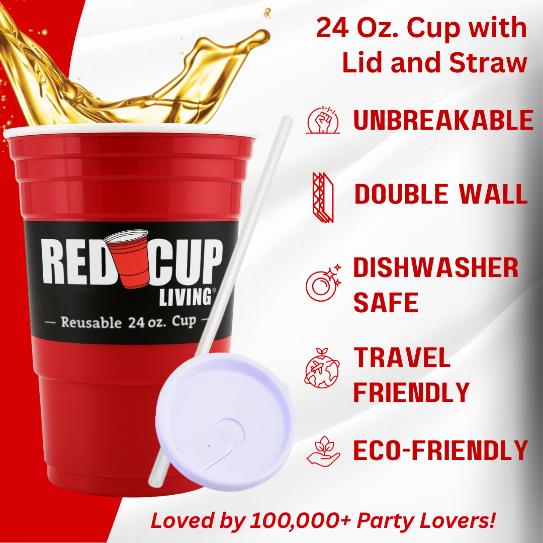 24oz Reusable Red Party Cups & Lids w/ Straws