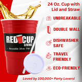24oz Reusable Red Party Cups & Lids w/ Straws