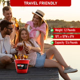 Red Party Ice Bucket being used at a beach party, demonstrating its versatility
